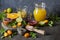 Set of citrus fruits orange red, lemon, kumquat and citrus juice