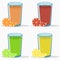 Set of citrus juice - orange, grapefruit, lime, lemon. Natural fresh drink with slice and half fruits. Vector.