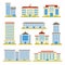 Set of city building vector flat design icons. School, bank, government offices, shop, contemporary office center and city hall