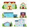 Set of city buildings in flat style. Modern houses, school and university. Residential houses exterior. Townhouses and apartment