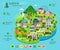 Set of city buildings and houses, eco parks, lakes, farms, wind turbines and solar panels, ecology infographic elements.