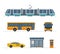 Set of city bus, taxi, tram and bus stop isolated on white background.
