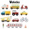 Set of city transport with car, bus, crane, ambulance, tractor,