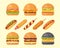 Set of classic burgers with flying ingredients and hotdogs. Vector hamburger and hot dog icons. Fastfood set.