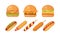 Set of classic burgers with flying ingredients and hotdogs. Vector hamburger and hot dog icons. Fastfood set.