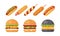 Set of classic burgers with flying ingredients and hotdogs. Vector hamburger and hot dog icons. Fastfood set.