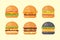 Set of classic burgers with flying ingredients. Vector hamburger icons.