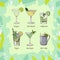 Set of classic cocktails on abstract green background. Fresh bar alcoholic drinks menu. Vector sketch illustration collection.