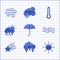 Set Classic elegant opened umbrella, Storm, Sun, Waves, Falling star, Cloud with rain and sun, Thermometer and Wind icon