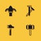 Set Classic iron fence, Sledgehammer, Hammer and Metallic nails icon with long shadow. Vector