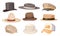 Set of Classic and Modern Male Headwear Top Hat Cylinder, The Poor Boy, Boater and Panama and Baseball or Cowboy Caps