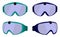 Set of classic ski and snowboard glasses with colored rims. Goggles with integrated action camera. Vector illustration in flat sty