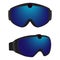 Set of classic ski and snowboard glasses with colored rims. Goggles with integrated action camera. Vector illustration in flat sty