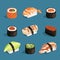 Set of classical asian food. White rice, sushi, salmon nori and different rolls. Vector pictures in cartoon style