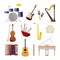 Set of classical wooden and metallic musical instruments.