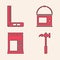 Set Claw hammer, Corner ruler, Paint bucket and Cement bag icon. Vector