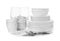 Set of clean tableware on white background