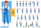 Set of cleaning man staff character vector design. Presentation in various action with emotions, running, standing and walking
