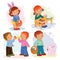 Set clip art illustrations with young children on Easter theme