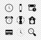 Set Clock, Smartwatch, Calendar and clock, on laptop, Magnifying glass with, Alarm and Old hourglass icon. Vector
