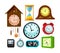 Set of Clocks Icons Isolated on White Background. Cuckoo Clock, Sand Hourglass and Electronics Watch with Digital Dial