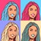 Set Of Closeup Portraits Of Beautiful Woman With Blue And Pink Hair And Lips