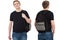 Set of Closeup smiling happy Student in blank template black t shirt with backpack front and back view. Travel man and education