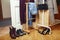 Set of clothers and shoes in flat hanging on rail, modern girl casual wardrobe concept