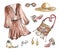 A set of clothes and accessories for a stylish female look in boho style.