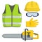 Set of clothes Builder and worker. Green vest, helmet, glasses, gloves. Cartoon flat illustration