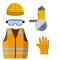 Set of clothes Builder and worker. Orange vest, helmet, glasses, gloves