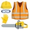 Set of clothes Builder and worker. Repair and maintenance. Safety and tools for cutting trees