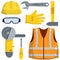 Set of clothes Builder and worker. Safety and tools. Cartoon flat illustration