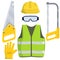 Set of clothes Builder and worker. Safety and tools for cutting trees