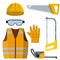 Set of clothes Builder and worker. Safety and tools for cutting trees. Cartoon flat illustration. Repair and maintenance