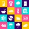 Set Cloud, Microwave oven, Add new file, Storm, Ship and Bowl with chopsticks icon. Vector