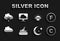 Set Cloud with moon, Fahrenheit, Celsius, Moon and stars, rain, Sunrise, snow and Location cloud icon. Vector