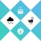 Set Cloud with rain, Hive for bees, Basket and food and Dove icon. Vector
