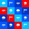 Set Cloud with rain and lightning, Cone windsock wind vane, snow and icon. Vector