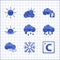 Set Cloud with rain, Snowflake, Celsius, Windy weather, Sunrise, Fahrenheit and cloud and icon. Vector