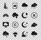 Set Cloud with rain, Sun and cloud weather, Kelvin, Rainbow, Meteorology thermometer and Moon icon. Vector