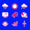 Set Cloud with rain and sun, Windy weather, turbine, Water drop percentage, Sunrise, Location cloud, and icon. Vector