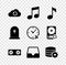 Set Cloud sync refresh, Music note, tone, , Stereo speaker, Social media inbox and Setting database server icon. Vector