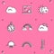 Set Cloud, Weather forecast, Eclipse of sun, Compass, Rainbow with clouds, Sun and, Sunset and icon. Vector