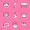 Set Clown head, Firework rocket, BBQ brazier, Party hat, Crown, Piece of cake and Muffin icon. Vector