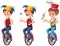 Set of clown performing cartoon character on unicycle