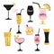 Set of cocktail glasses. Vector collection of alcoholic drinks