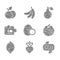 Set Coconut, Turnip, Leaf Eco symbol, Tomato, Lemon, Cutting board with vegetables, Pear and Mango fruit icon. Vector