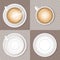 Set of coffee Beverage cappuccino, white ceramic cup or mug and empty round saucer isolated on transparent and light or craem back