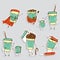 Set of coffee characters, emoticons stickers. Vector illustrations for mobile messages, web design, printed material.